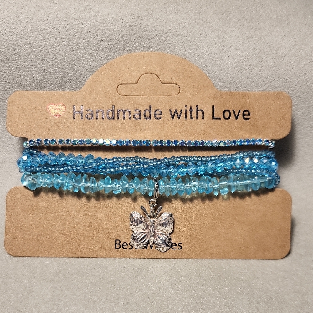 Blue Beaded Bracelet Set with Sterling Silver Butterfly Charm
